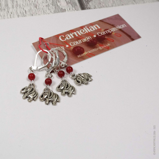 New! Red Carnelian Gemstone & Silver Elephant Stitch Markers Set of 4 | Vitality, Courage, Compassion