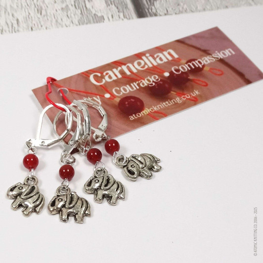 New! Red Carnelian Gemstone & Silver Elephant Stitch Markers Set of 4 | Vitality, Courage, Compassion