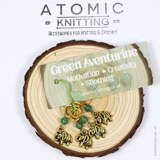 New! Green Aventurine Gemstone & Gold Elephant Stitch Marker Set of 4 | Motivation, Creativity, Soothing