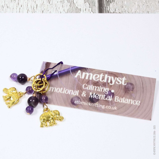 New! Purple Amethyst Gemstone and Gold Elephant Stitch Marker Set of 4 | Calming, Emotional & Mental Balance