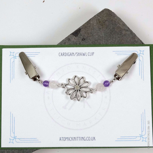 New! Rose Quartz & Amethyst Gemstone Silver Flower Beaded Cardigan Clip | Sweater Fastener
