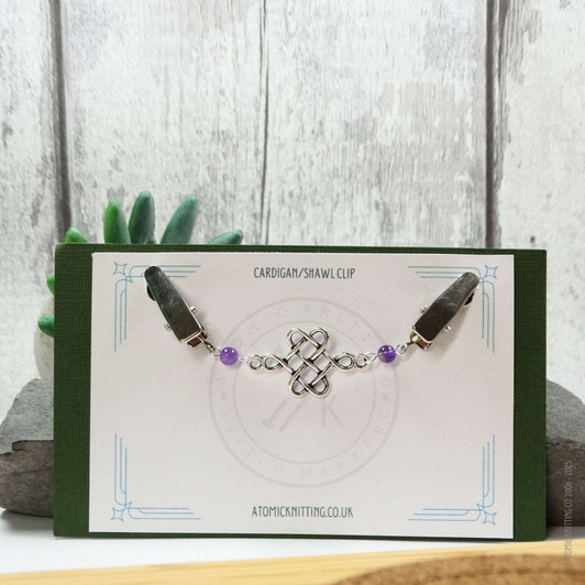 New! Amethyst & Silver Knot Sweater Cardigan Shawl Clip Pin Fastener UK