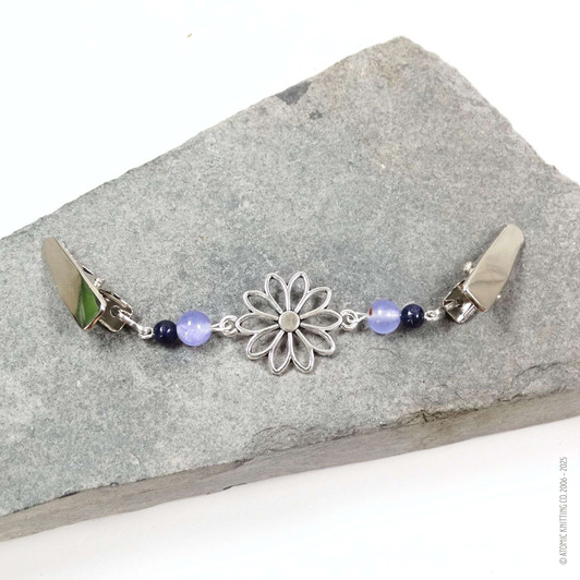 New! Lapis Lazuli & Sky Quartz Gemstone Silver Flower Beaded Cardigan Clip | Sweater Fastener