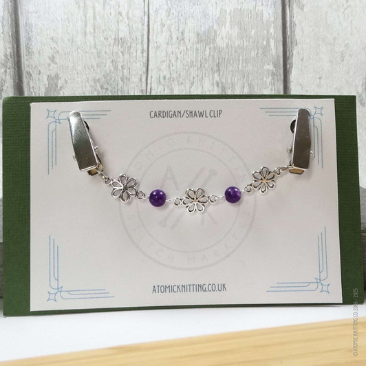 New! Purple Lepidolite Gemstone Silver Daisy Beaded Cardigan Clip | Sweater Fastener