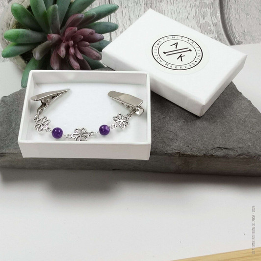 New! Purple Lepidolite Gemstone Silver Daisy Beaded Cardigan Clip | Sweater Fastener