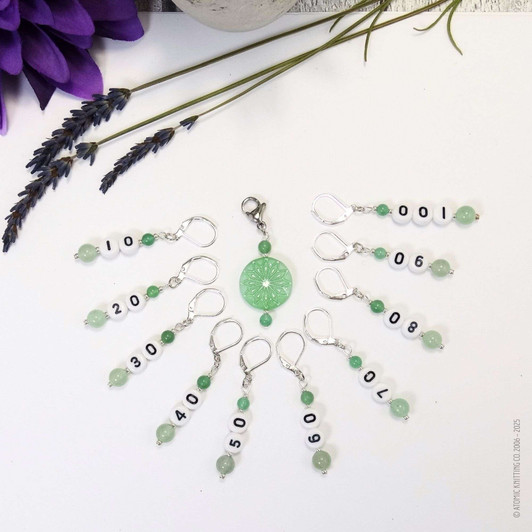 New! Green Aventurine Number Stitch Markers set of 10 with Flower holder