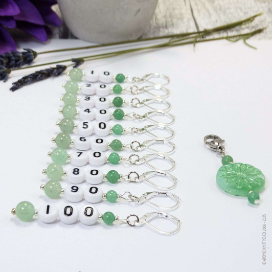 New! Green Aventurine Number Stitch Markers set of 10 with Flower holder