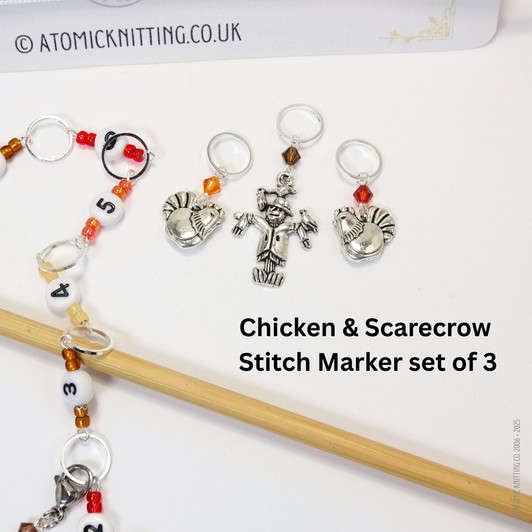 Chicken-themed knitting notions bundle including a row counter chain, chicken stitch markers, a magnetic pattern guide, and a blunt needle, all designed to help knitters track rows and stitches easily while adding a fun chicken motif to their tools.