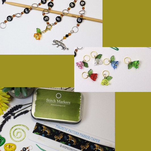 Tiger Knitting Notions Bundle | Row Counter Chain, Stitch Markers, Magnetic Pattern Guide, Blunt Needle, Cable Spiral, Tin