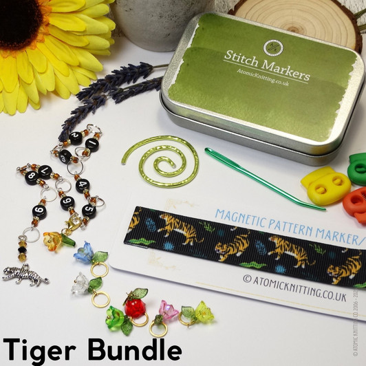 Tiger Knitting Notions Bundle | Row Counter Chain, Stitch Markers, Magnetic Pattern Guide, Blunt Needle, Cable Spiral, Tin