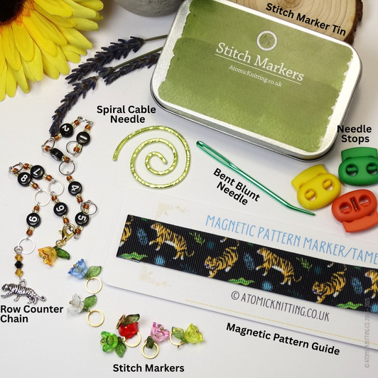 Tiger Knitting Notions Bundle | Row Counter Chain, Stitch Markers, Magnetic Pattern Guide, Blunt Needle, Cable Spiral, Tin
