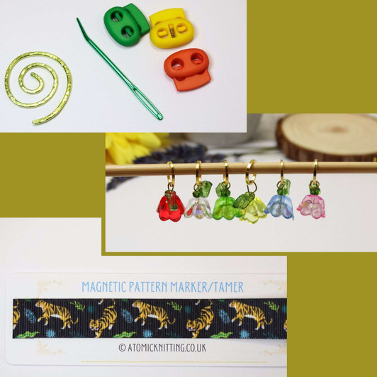 Tiger Knitting Notions Bundle | Row Counter Chain, Stitch Markers, Magnetic Pattern Guide, Blunt Needle, Cable Spiral, Tin