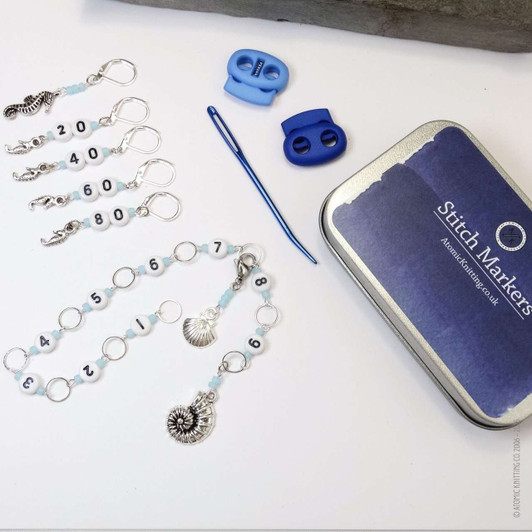 Beach Knitting Notions Bundle | Row Counter Chain, Counting Markers, Blunt Needle, Tin