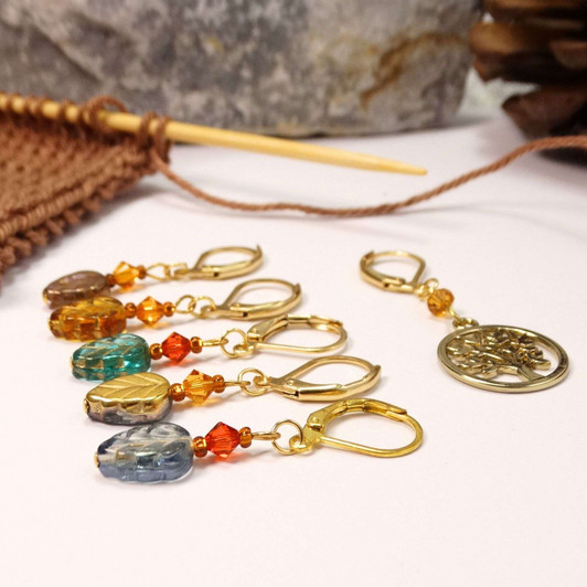 Mixed Leaf Crochet Stitch Markers with Tree of Life Stitch Marker - set of 6
