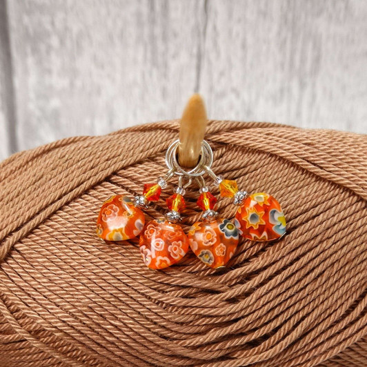 Millefiori Orange Heart Stitch Markers - set of 4