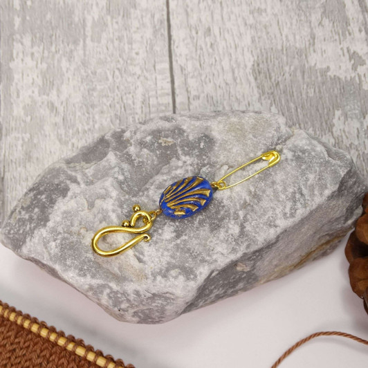 Blue & Gold Oval Portuguese Knitting Pin - Single Hook