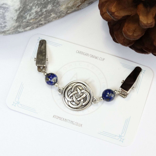 Lapis Lazuli & Celtic Knot Silver Beaded Shawl Cardigan Clip, Sweater Clip