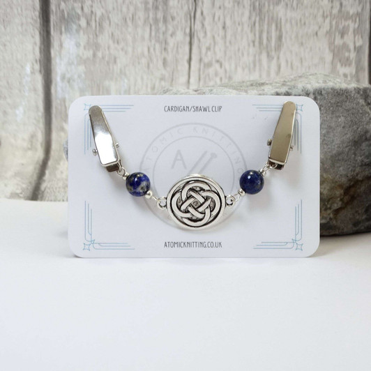 Lapis Lazuli & Celtic Knot Silver Beaded Shawl Cardigan Clip, Sweater Clip