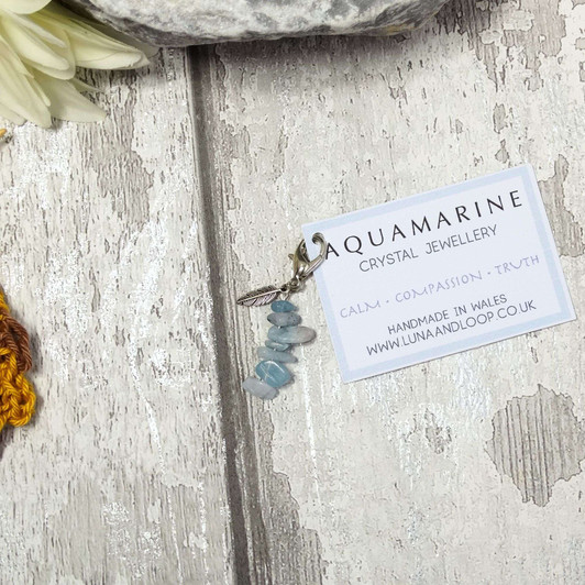 Aquamarine Gemstone Chip & Silver Feather Progress Marker, Clip On Charm