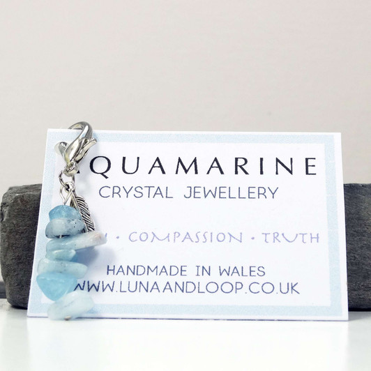 Aquamarine Gemstone Chip & Silver Feather Progress Marker, Clip On Charm