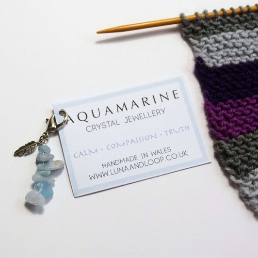 Aquamarine Gemstone Chip & Silver Feather Progress Marker, Clip On Charm