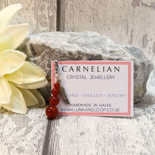 Carnelian Gemstone Stack & Silver Feather Progress Marker, Clip On Charm
