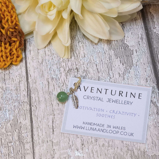 Green Aventurine Gemstone & Silver Feather Progress Marker, Clip On Charm