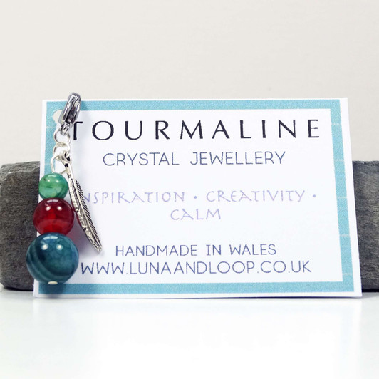 Tourmaline Gemstone & Silver Feather Clip On Charm For Bracelet | Inspiration, Creativity, Calm