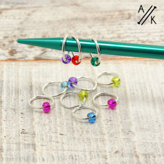 OOAK 4mm Mostly Purples and Pinks - Silver Rings- Mystery Colour Jewel Stitch Markers For Knitting x 12 (Tiny Bead)