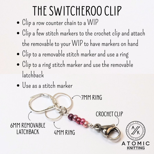 Switcheroo Clip. Convert your stitch marker or row counter chain with ease — switch between 4mm ring, 7mm ring, or removable latchback.