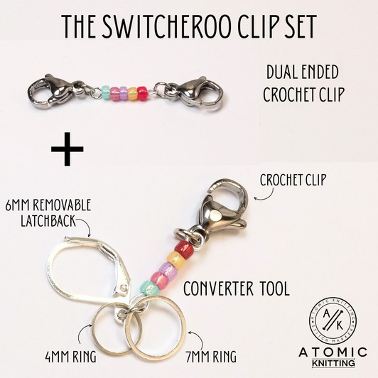 Switcheroo Clip Set. Convert your stitch marker or row counter chain with ease — switch between 4mm ring, 7mm ring, or removable latchback.