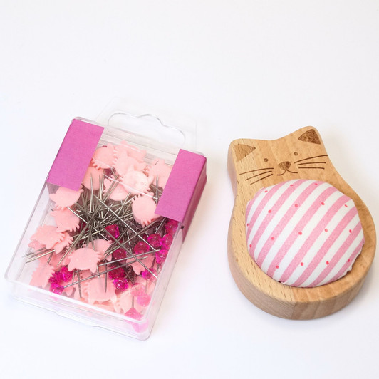 Pink Cat Pin Cushion and 80 Pink Cat & Diamond Sewing Pins