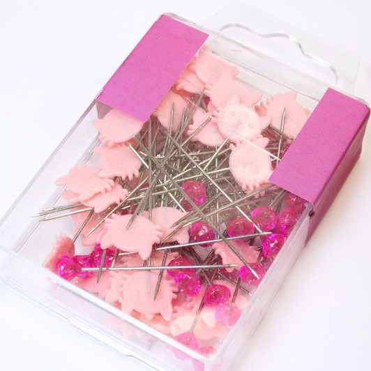 Pink Cat Pin Cushion and 80 Pink Cat & Diamond Sewing Pins