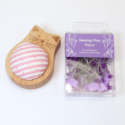 Purple Cat Pin Cushion and 80 Pink Cat & Diamond Sewing Pins