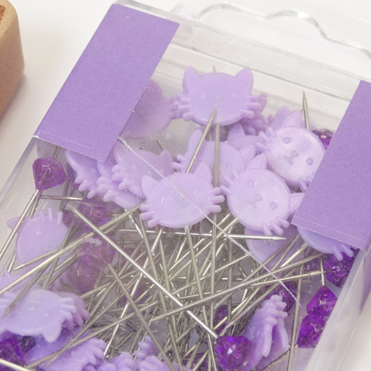 Pink Cat Pin Cushion and 80 Purple Cat & Diamond Sewing Pins