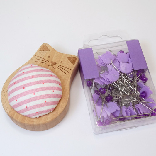 Pink Cat Pin Cushion and 80 Purple Cat & Diamond Sewing Pins