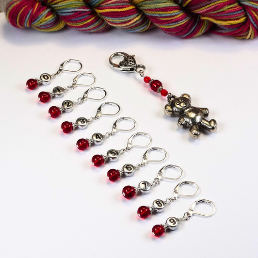 Red & Silver Counting Stitch Markers set of 10 with teddy bear holder
