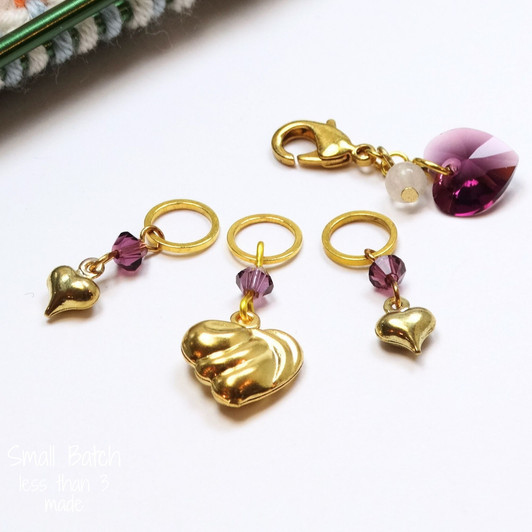 Amethyst & Gold Heart Stitch Markers - Set of 4