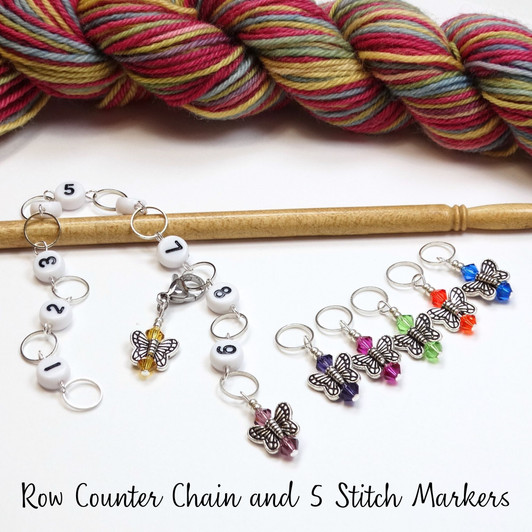 Butterfly Row Counter Chain and 5 Stitch Markers Bundle