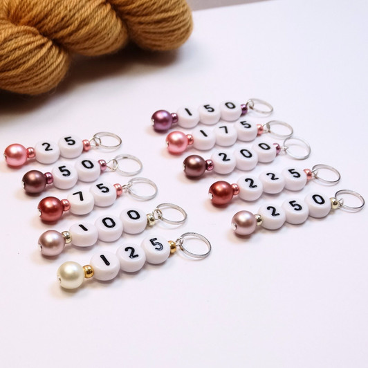 Pink Pastel Pearl Numbered Counting Stitch Markers 25-250 (set of 10)