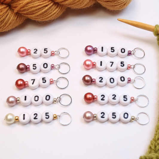 Pink Pastel Pearl Numbered Counting Stitch Markers 25-250 (set of 10)