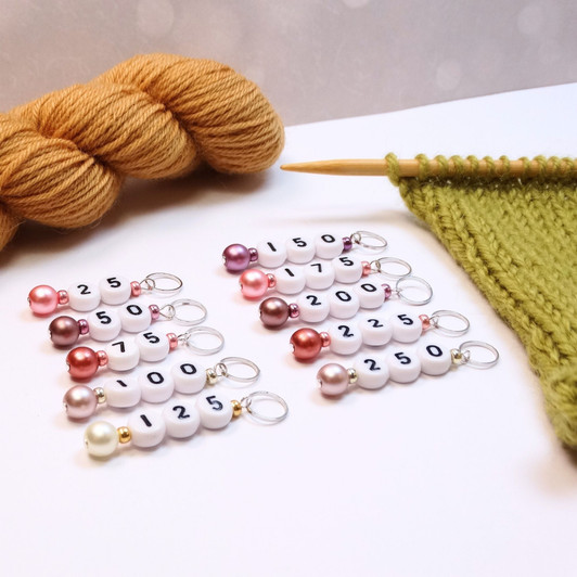 Pink Pastel Pearl Numbered Counting Stitch Markers 25-250 (set of 10)