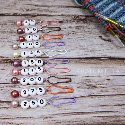 Pink Pastel Pearl Numbered Counting Stitch Markers 25-250 (set of 10)