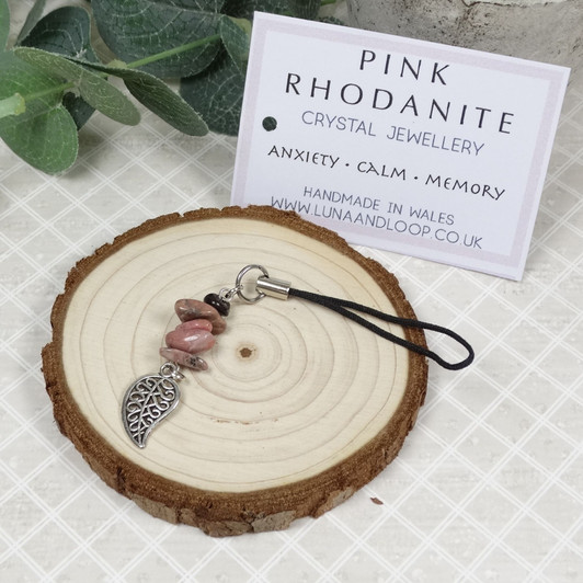 Pink Rhodonite & Leaf Phone Charm | Leaf Dangle with Gemstone Chips