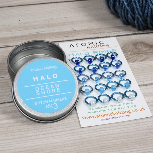 Ocean Shore No.3 Halo Stitch Markers for Knitting with Storage Tin | Set of 20 Handmade Snag-Free Ring Markers