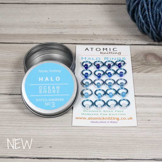 Ocean Shore No.3 Halo Stitch Markers for Knitting with Storage Tin | Set of 20 Handmade Snag-Free Ring Markers