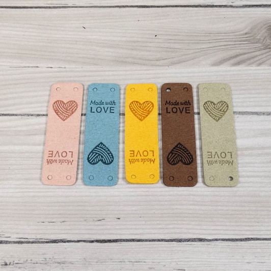 Handmade Faux Leather Labels with Heart | Embossed Sewing Tags | Knitting Crochet Bag Hat Clothing Labels | 5 x 1.5cm