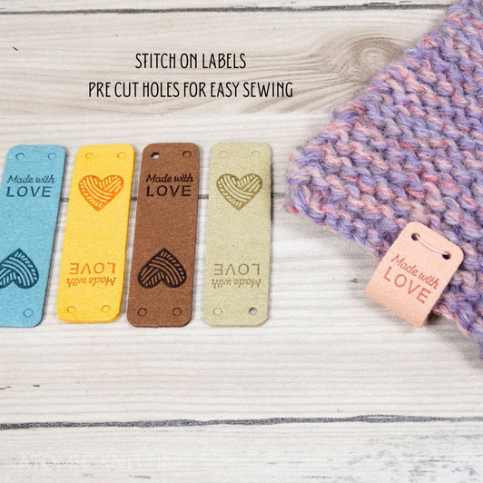 Handmade Faux Leather Labels with Heart | Embossed Sewing Tags | Knitting Crochet Bag Hat Clothing Labels | 5 x 1.5cm