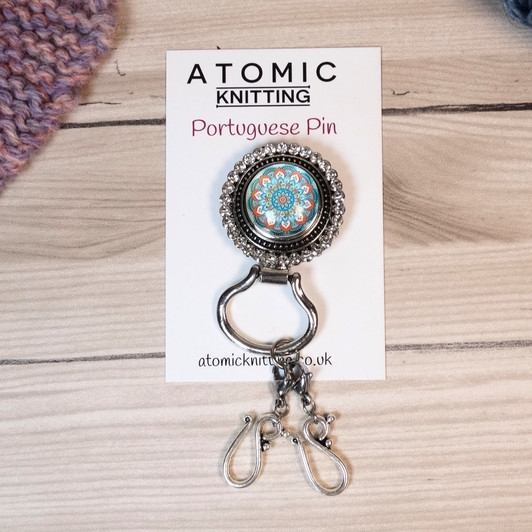 Teal/Orange Mandala Magnetic Portuguese Knitting Pin - Detachable Double Hook
