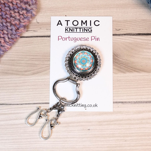 Teal/Orange Mandala Magnetic Portuguese Knitting Pin - Detachable Double Hook